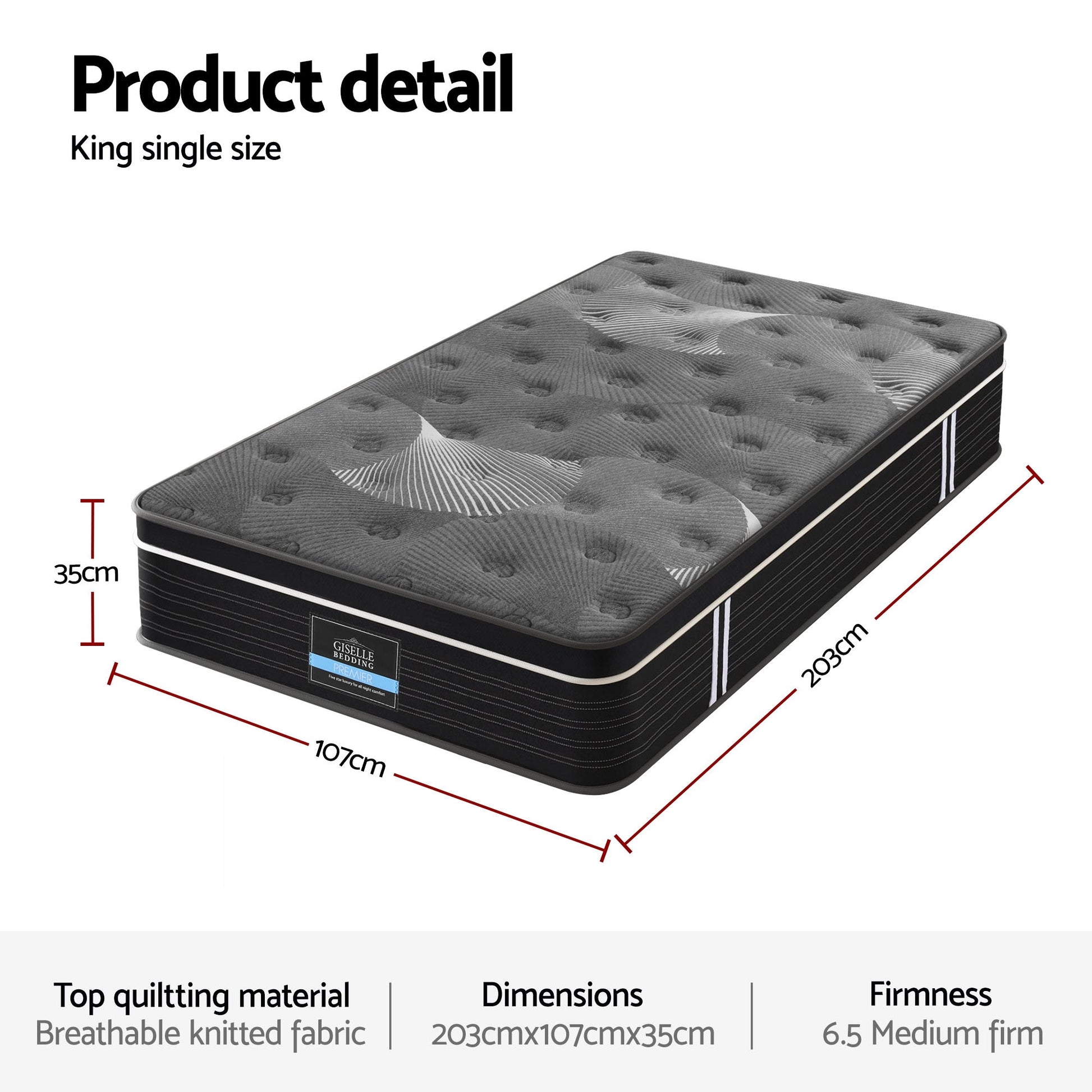 Giselle Bedding King Single Mattress 35cm Euro Top with Graphene Cooling Comfort Medium Firm - Image 3