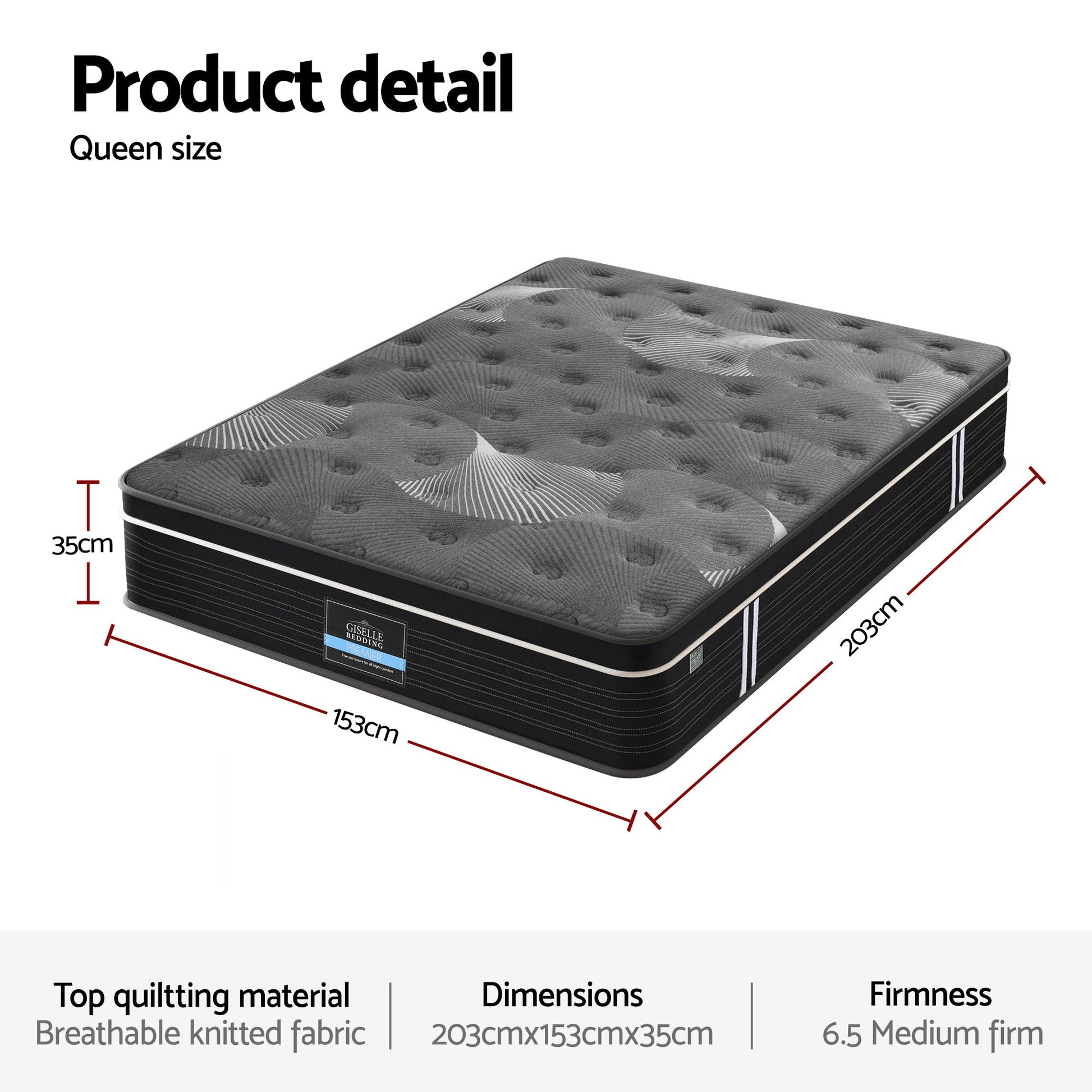 Giselle Bedding Queen Mattress 35cm Euro Top with Graphene Cooling Comfort Medium Firm - Image 3