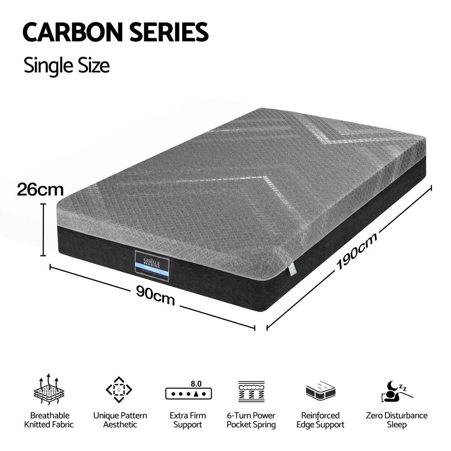 Giselle Single Mattress 26cm Firm Pocket Spring Dual Edge Support Dark Grey - Image 9