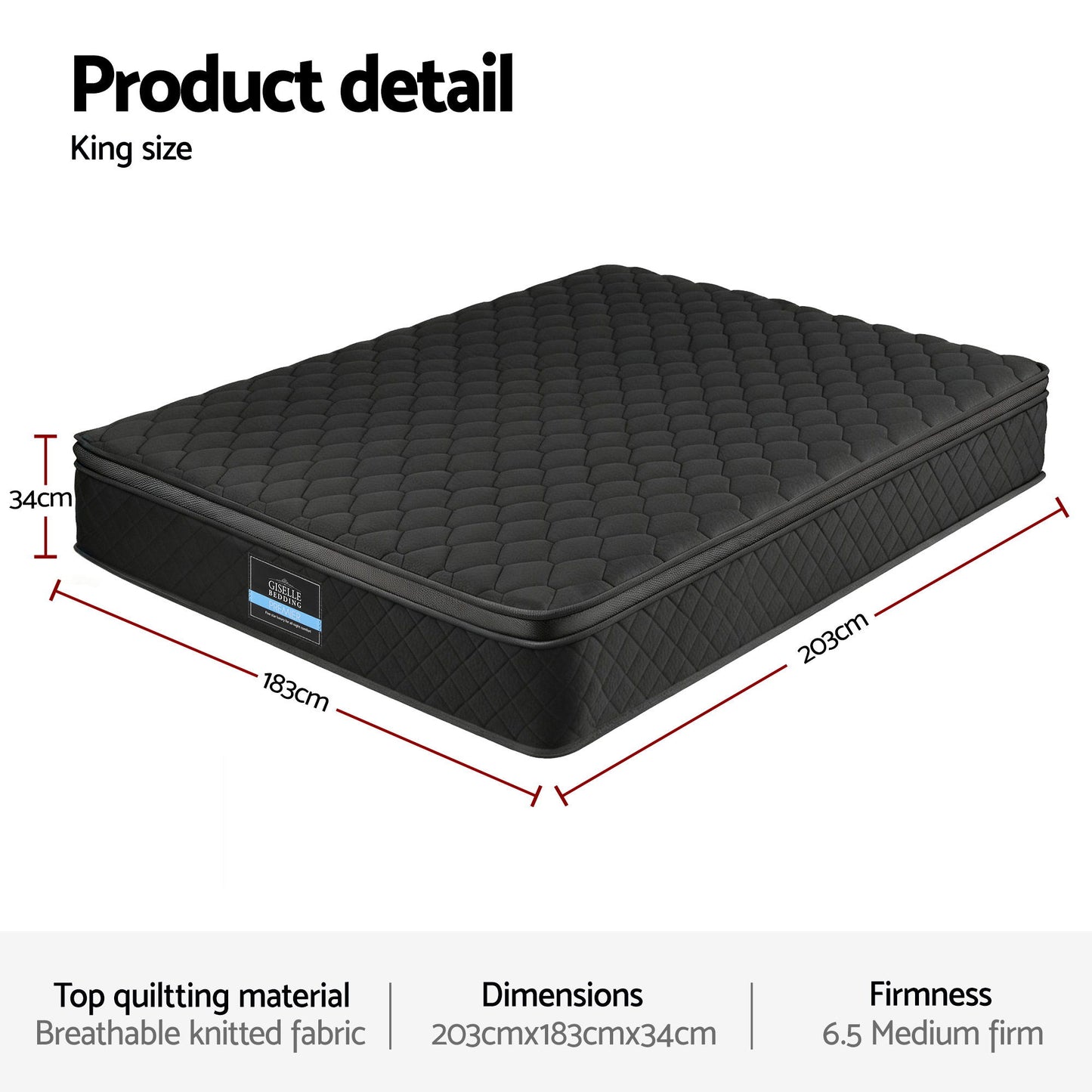 Giselle Bedding King Mattress 34cm Euro Top with 5-Zone Pocket Spring Support Black - Image 3