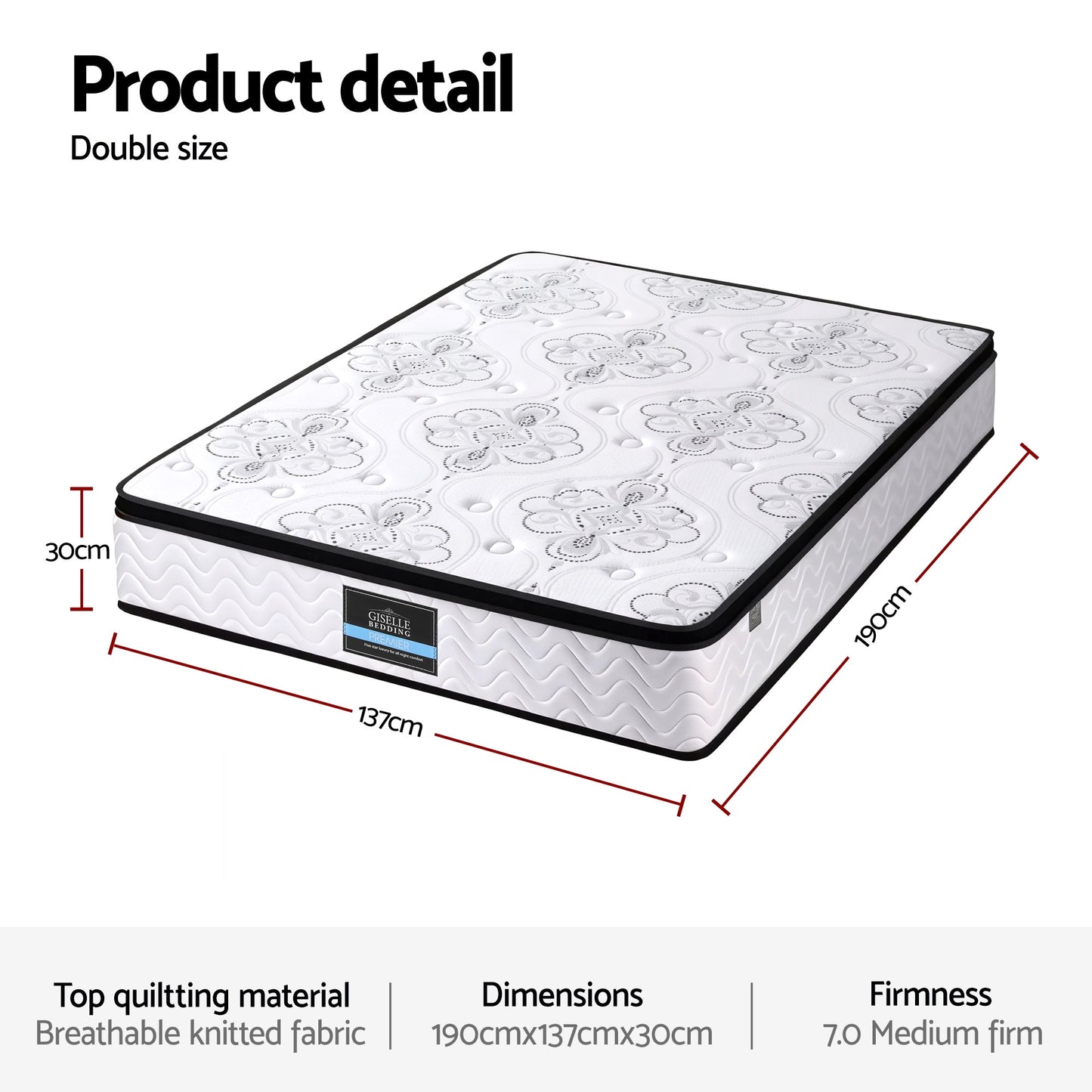 Giselle Bedding Double Mattress 30cm Pocket Spring Euro Top Medium Firm Foam - Image 3