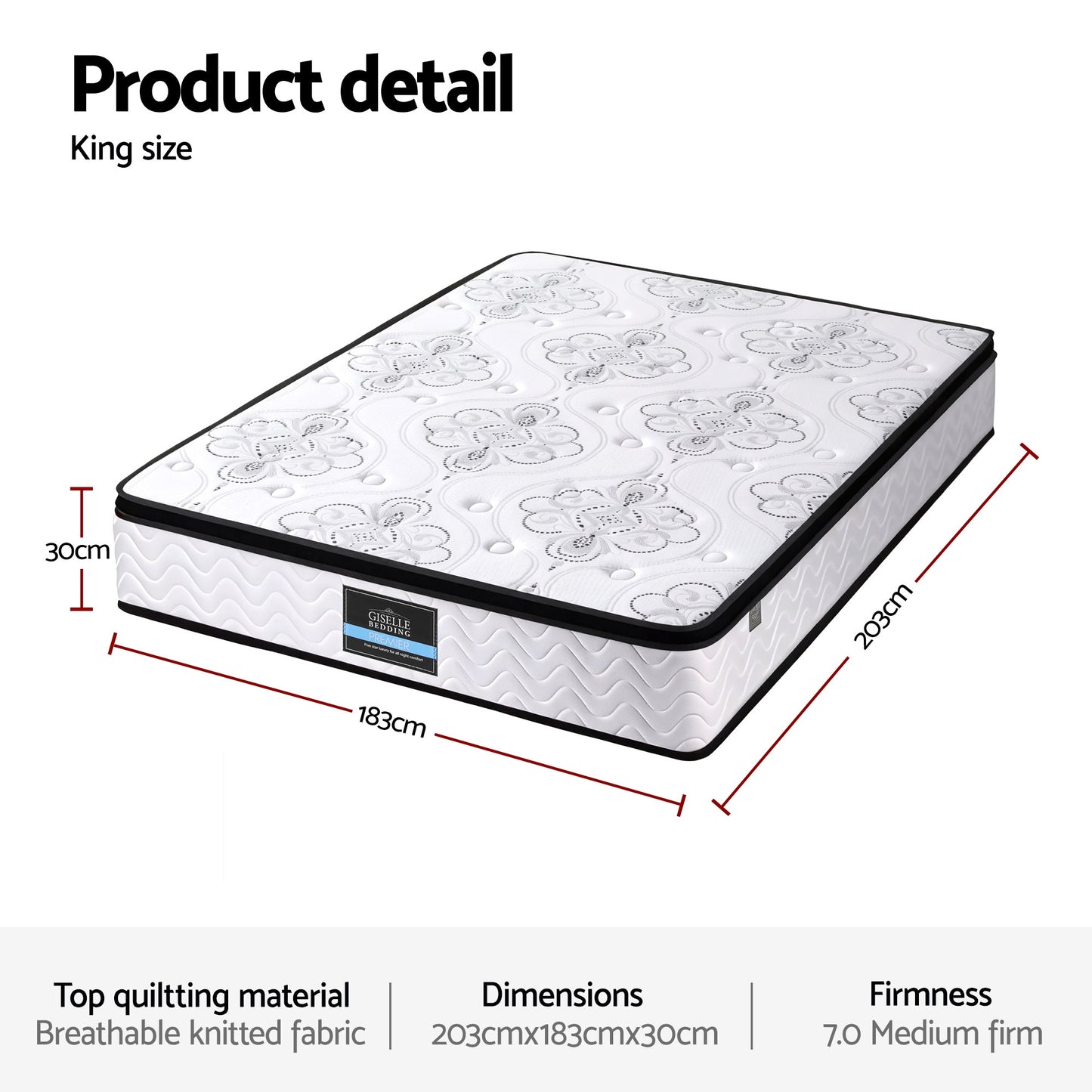 Giselle Bedding King Mattress 30cm Pocket Spring Euro Top Medium Firm Foam - Image 3