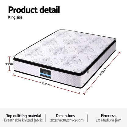 Giselle Bedding King Mattress 30cm Pocket Spring Euro Top Medium Firm Foam - Image 3