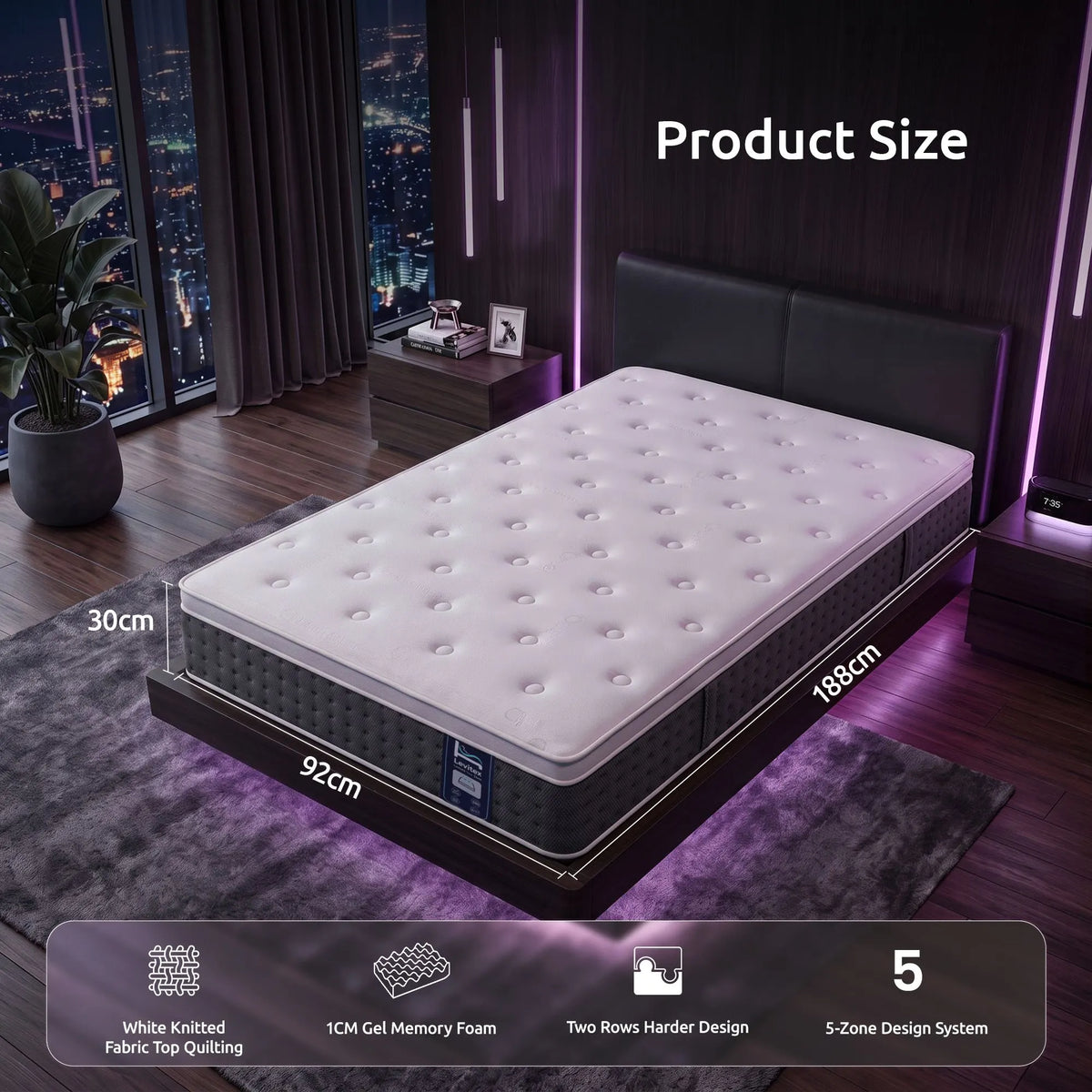 Levitex Single Mattress Lumbar Support 5-Zone Individual Pocket Spring 30CM - Image 2