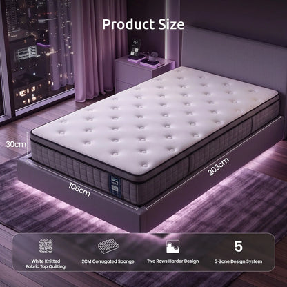 Levitex King Single Mattress 2 Rows Edge Support for Deep Sleep 5-Zone Ergonomic Pocket Spring Breathable Corrugated Sponge Medium Firm 30CM - Image 2