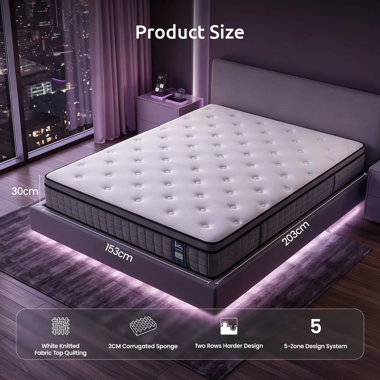 Levitex Queen Mattress 2 Rows Edge Support for Deep Sleep 5-Zone Ergonomic Pocket Spring Breathable Corrugated Sponge Medium Firm 30CM - Image 2