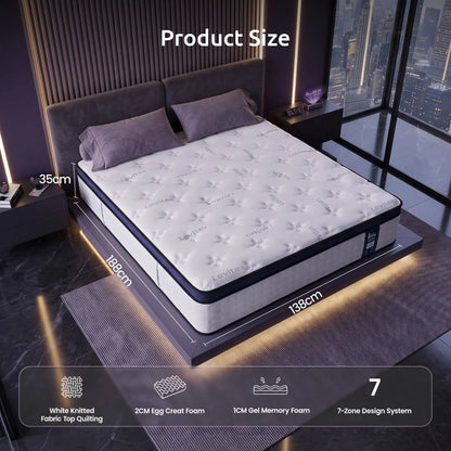 Levitex 35CM Double Mattresses Gel Memory Foam and 7-Zone Ergonomic Pocket Spring, Anti-Roll Dual-Row Edge, Undisturbed Deep Sleep For Restless Couples, Triple Cooling System - Image 2
