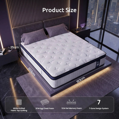 Levitex 35CM King Mattresses Gel Memory Foam and 7-Zone Ergonomic Pocket Spring, Anti-Roll Dual-Row Edge, Undisturbed Deep Sleep For Restless Couples, Triple Cooling System - Image 2