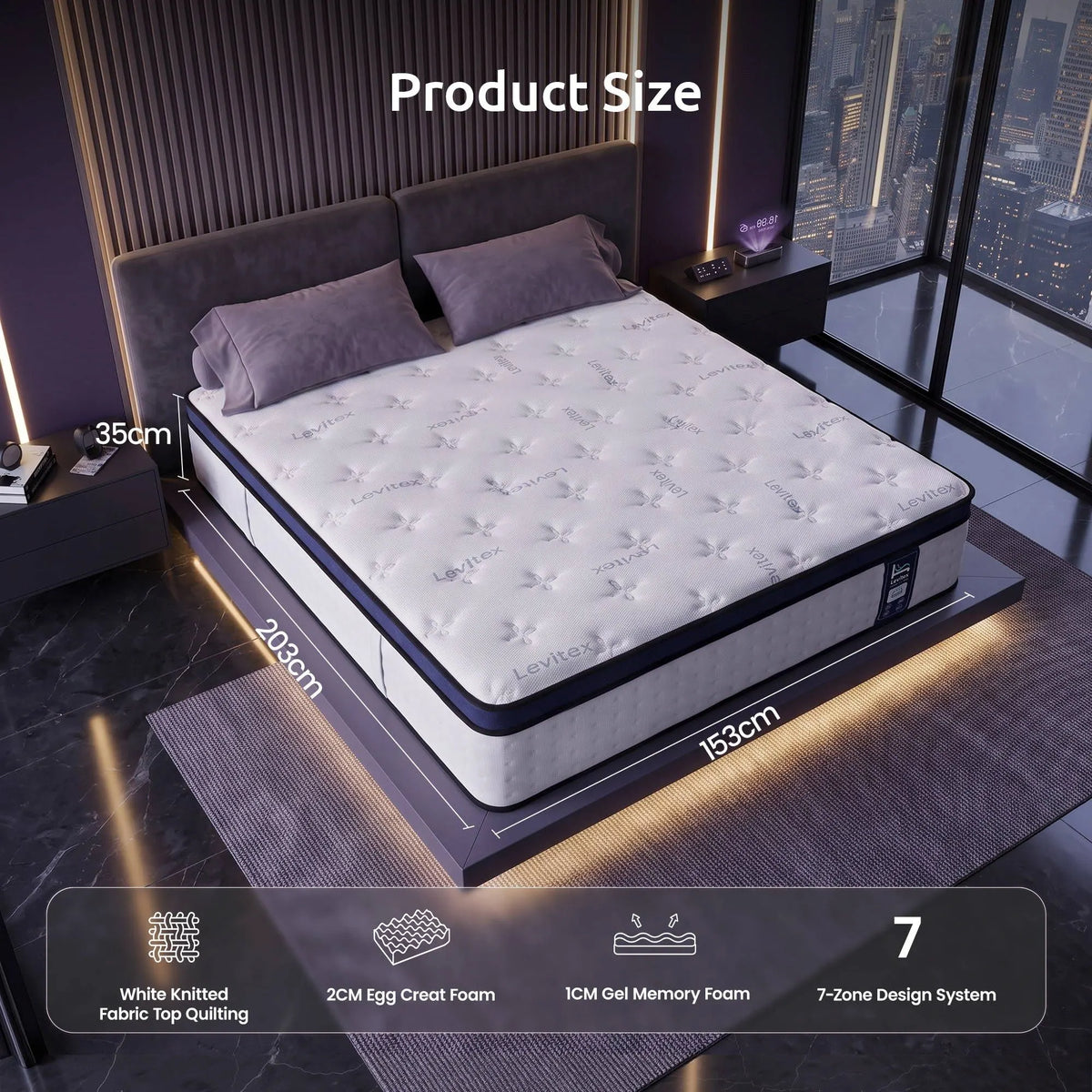 Levitex 35CM Queen Mattresses Gel Memory Foam and 7-Zone Ergonomic Pocket Spring, Anti-Roll Dual-Row Edge, Undisturbed Deep Sleep For Restless Couples, Triple Cooling System - Image 2