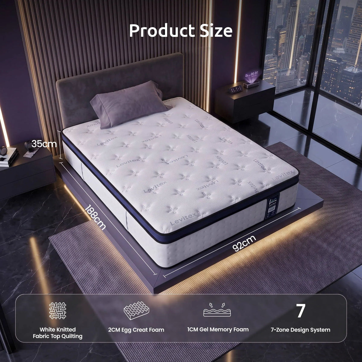 Levitex 35CM Single Mattresses Gel Memory Foam and 7-Zone Ergonomic Pocket Spring, Anti-Roll Dual-Row Edge, Triple Cooling System for Hot Sleepers - Image 2