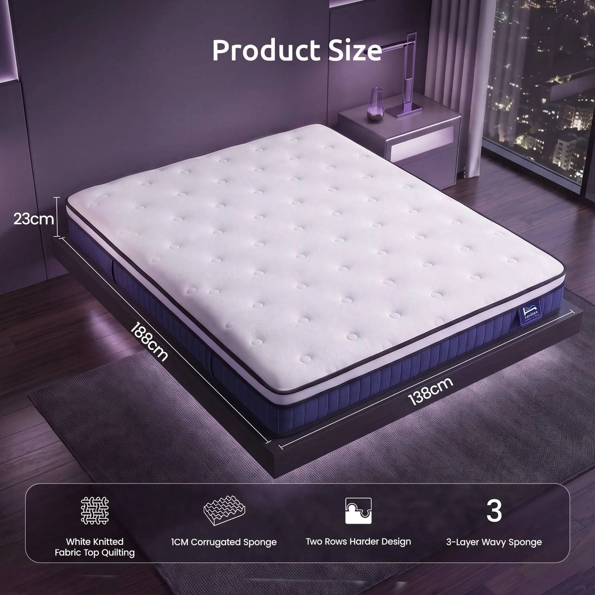 Levitex Double Mattress 23CM With Pocket Spring & Cooling Gel Foam, Medium-Firm Full-Body Support, Mattresses In A Box - Image 2