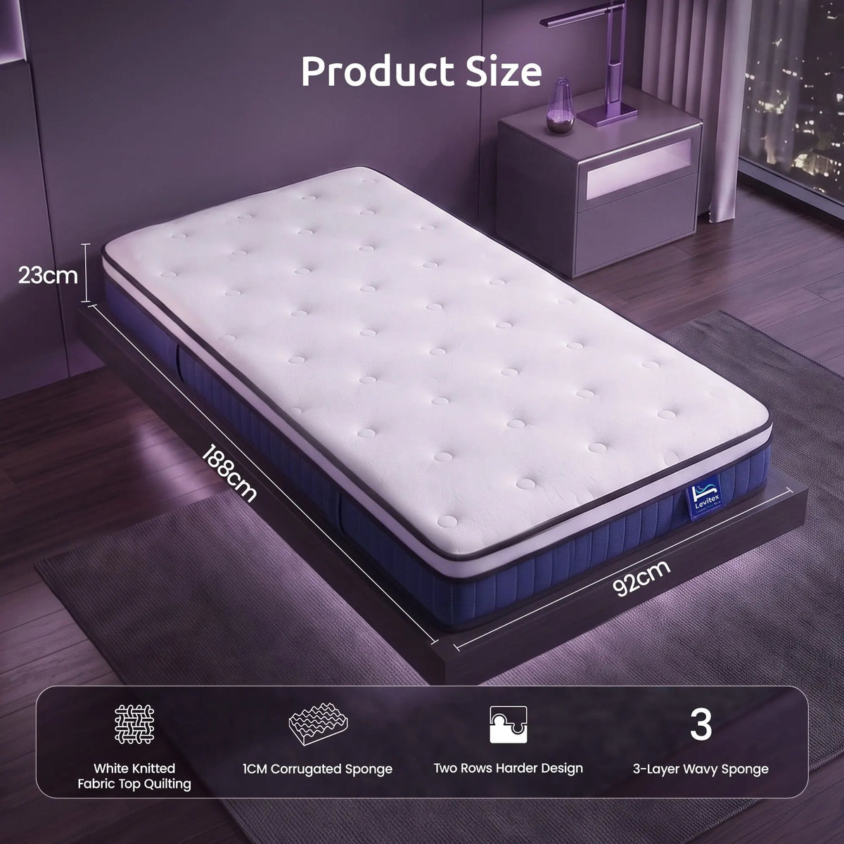 Levitex Single Mattress 23CM With Pocket Spring & Cooling Gel Foam, Medium-Firm Full-Body Support, Mattresses In A Box - Image 2