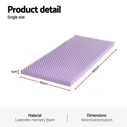 Giselle 5cm Memory Foam Mattress Topper Lavender Infused Egg Crate Pad Mat Single - Image 2