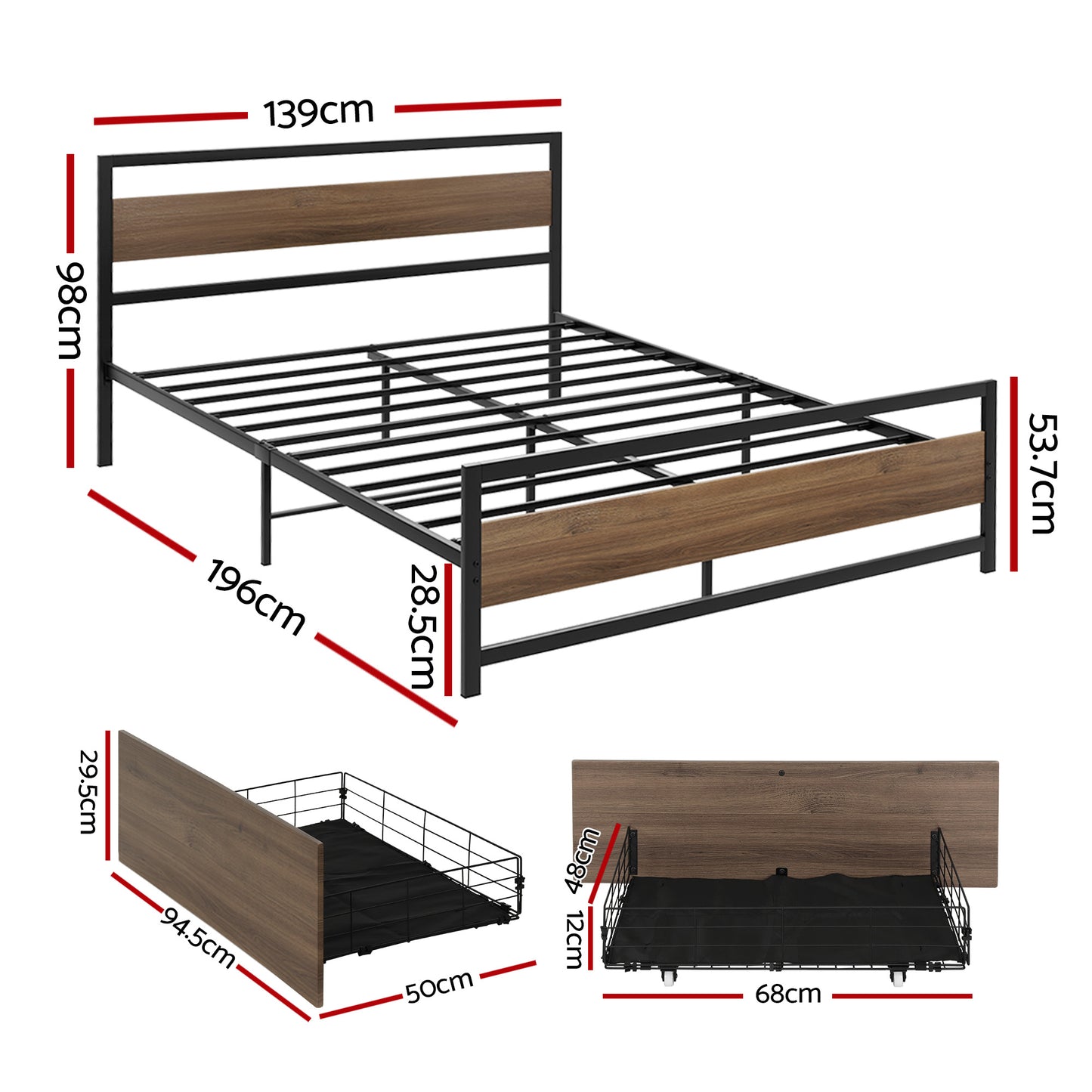 Artiss Bed Frame Double Size Metal Frame with 2 Drawers DREW - Image 2