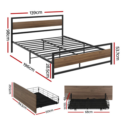 Artiss Bed Frame Double Size Metal Frame with 2 Drawers DREW - Image 2