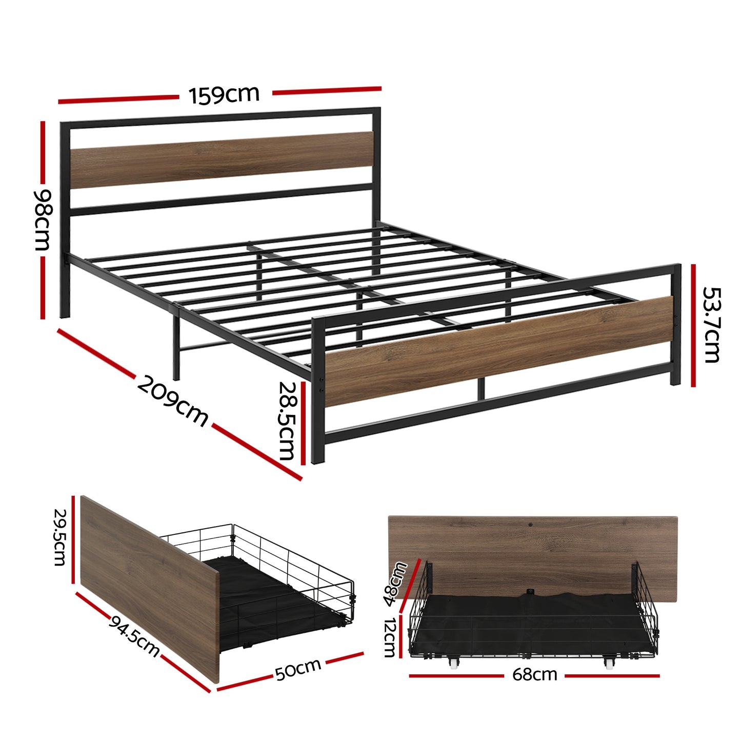 Artiss Bed Frame Queen Size Metal Frame with 2 Drawers DREW - Image 2