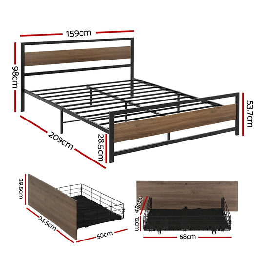 Artiss Bed Frame Queen Size Metal Frame with 2 Drawers DREW - Image 2