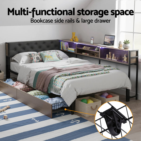 Artiss Bed Frame King Single Size with 2 Drawers and Charging Station Metal Corner Bed Base - Image 6
