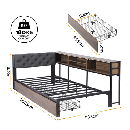 Artiss Bed Frame Single Size with 2 Drawers and Charging Station Metal Corner Bed Base - Image 2
