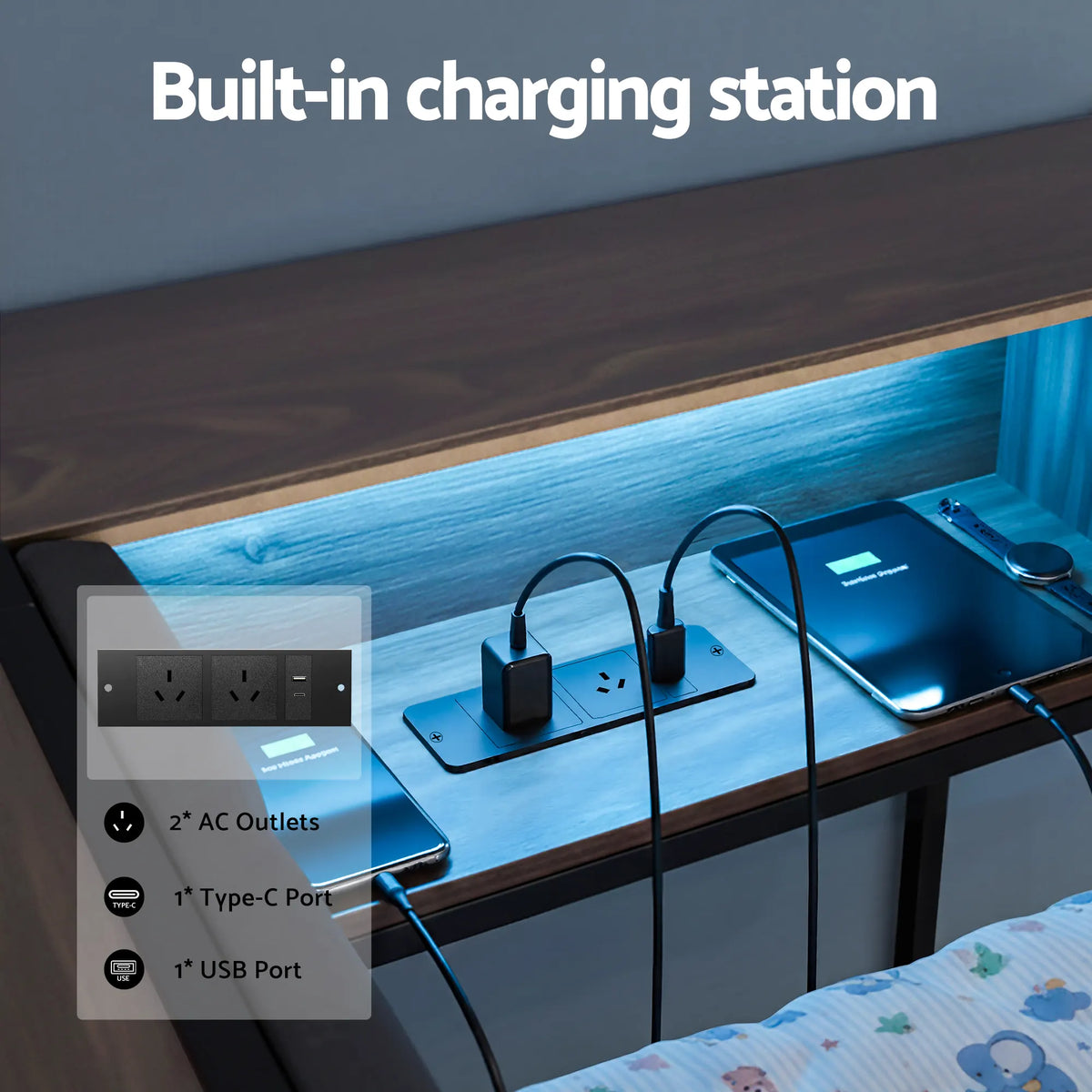 Artiss Bed Frame Single Size with 2 Drawers and Charging Station Metal Corner Bed Base - Image 4