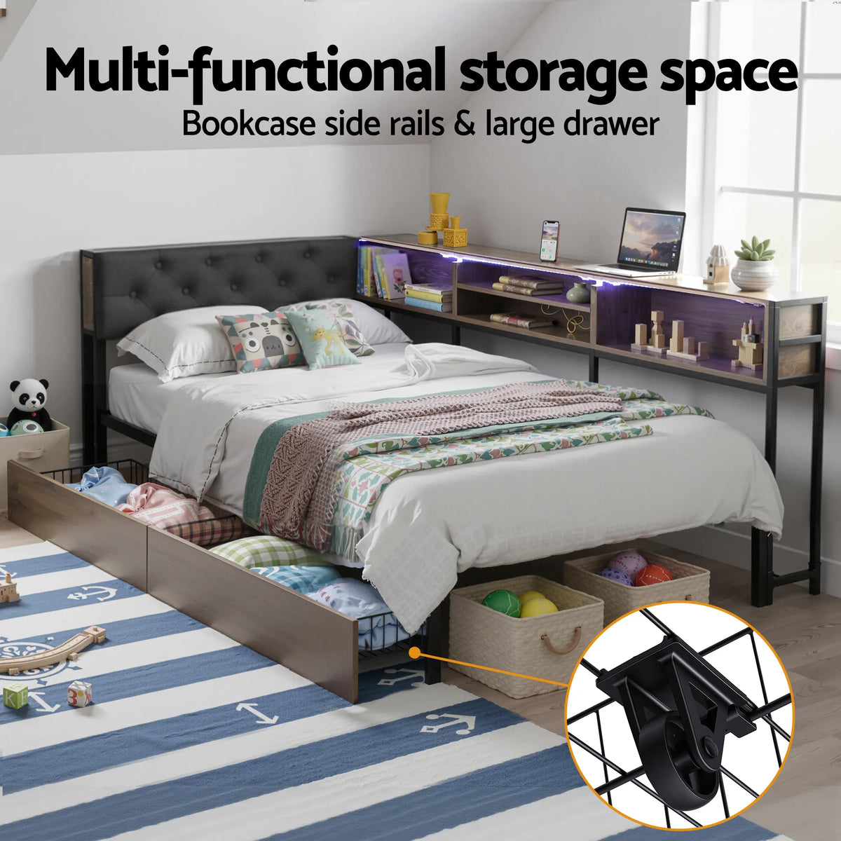 Artiss Bed Frame Single Size with 2 Drawers and Charging Station Metal Corner Bed Base - Image 6