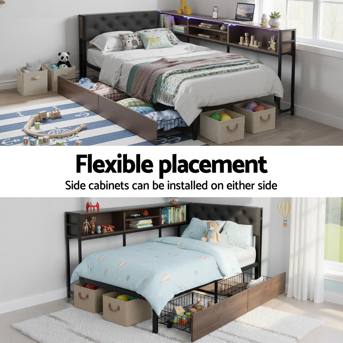 Artiss Bed Frame Single Size with 2 Drawers and Charging Station Metal Corner Bed Base - Image 8