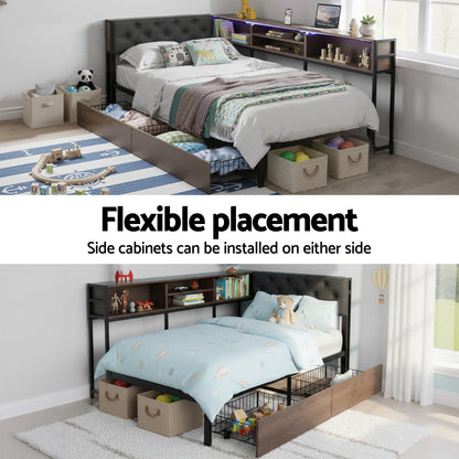 Artiss Bed Frame Single Size with 2 Drawers and Charging Station Metal Corner Bed Base - Image 8