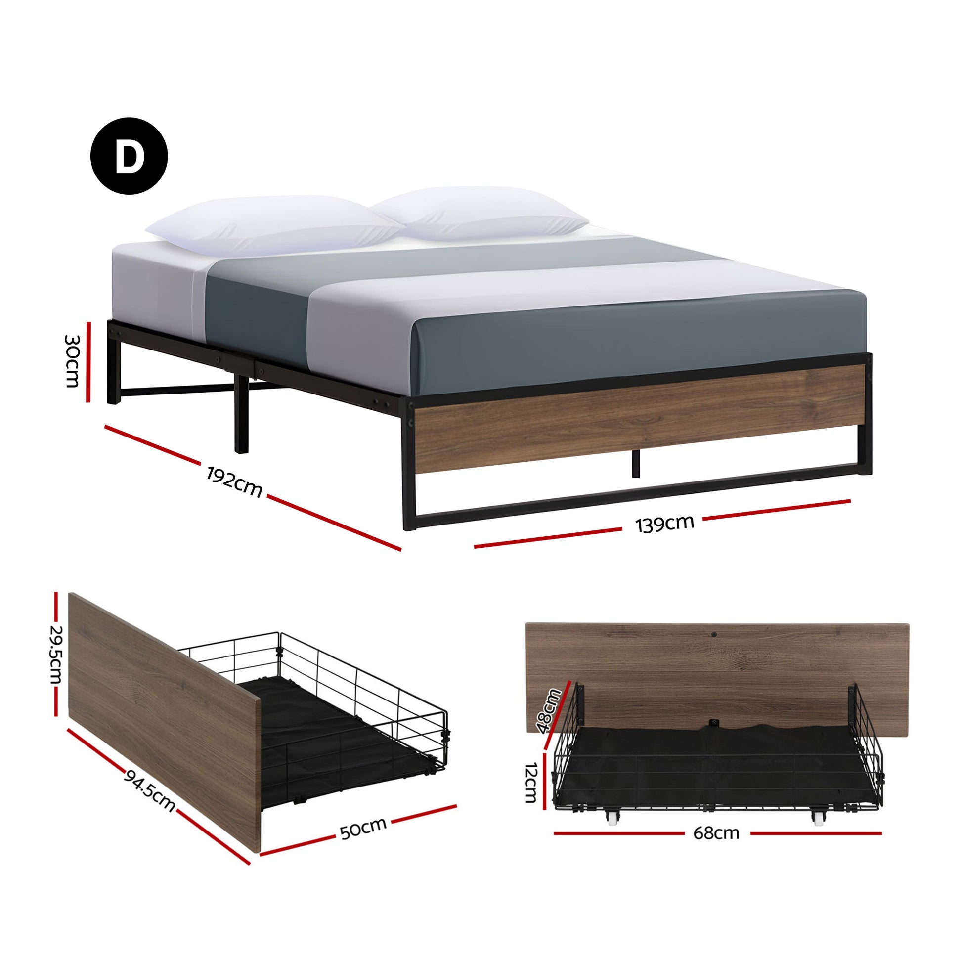 Artiss Bed Frame Metal Frame Double Size Bed Base 2 Drawers OSLO - Image 2
