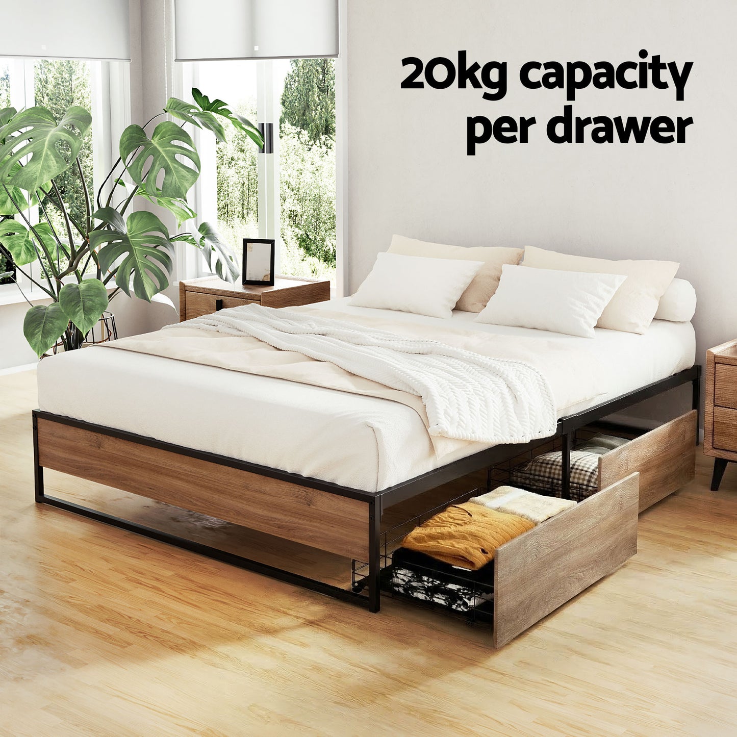 Artiss Bed Frame Metal Frame Double Size Bed Base 2 Drawers OSLO - Image 4