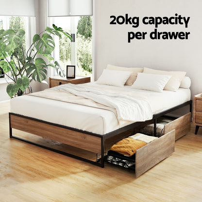 Artiss Bed Frame Metal Frame Queen Size Bed Base 2 Drawers OSLO - Image 4