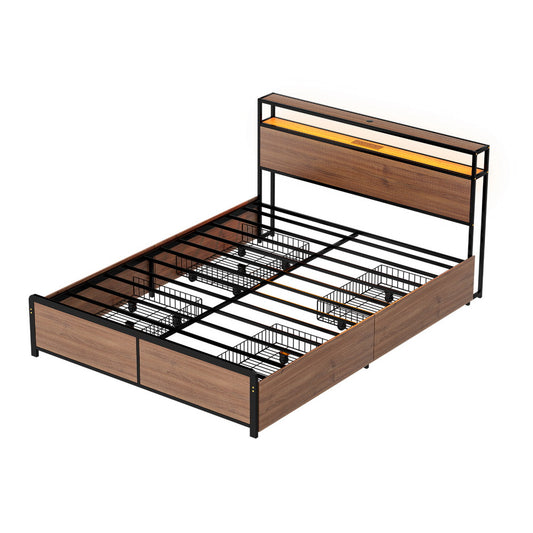 Artiss Metal Bed Frame Double Size with 2-Tier Storage Headboard Metal Platform with 4 Storage Drawers Built in Charging Station & LED Noise-Free/Metal Support/No Box Spring Needed Vintage Brown - Image 2