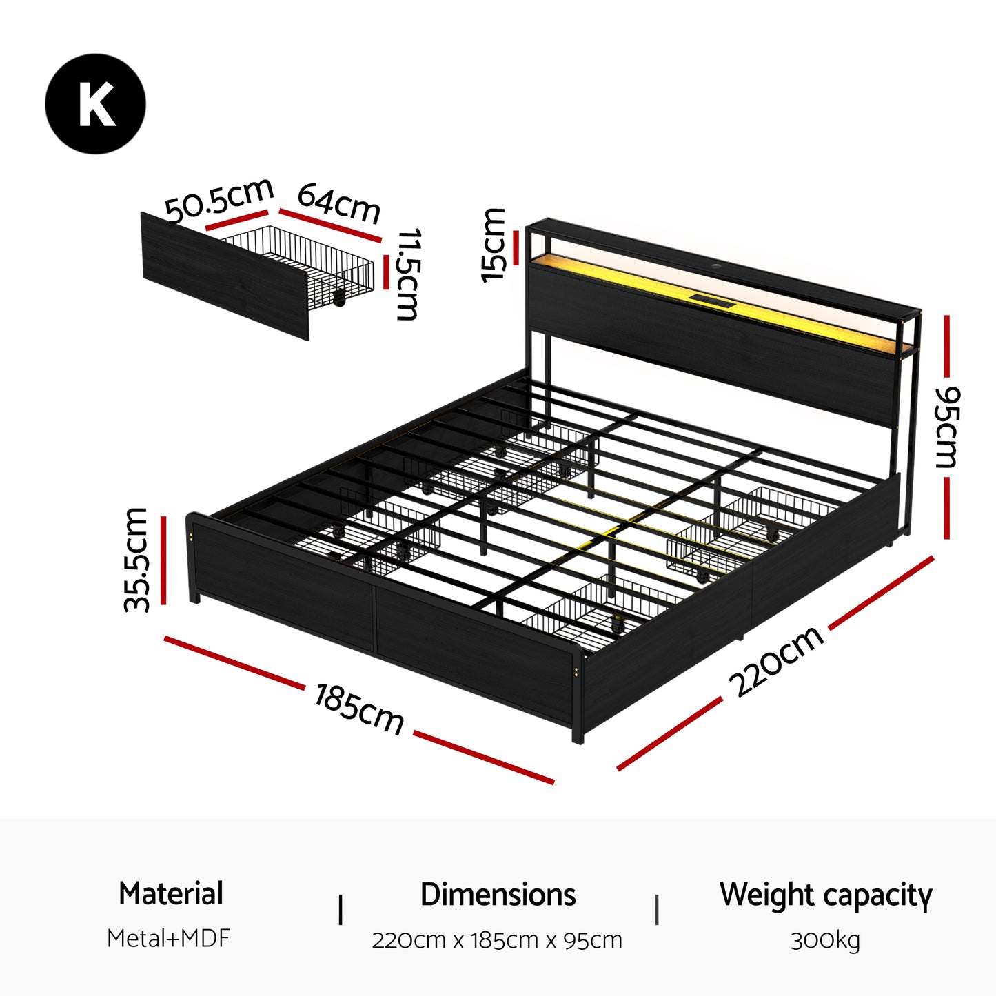 Artiss Metal Bed Frame King Size Storage Headboard Charge Station LED 4 Drawers - Image 2
