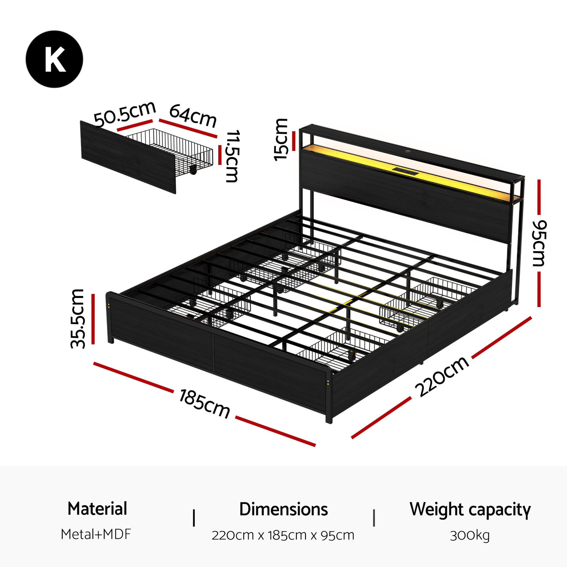 Artiss Metal Bed Frame King Size Storage Headboard Charge Station LED 4 Drawers - Image 2