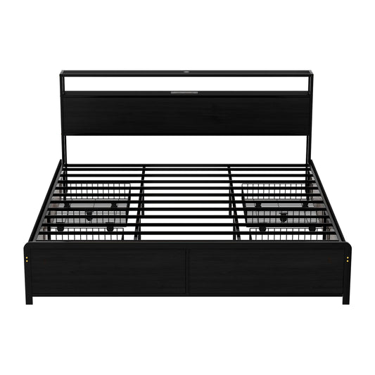 Artiss Metal Bed Frame King Size Storage Headboard Charge Station LED 4 Drawers - Image 3