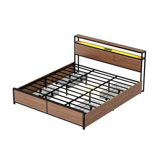 Artiss Metal Bed Frame King Size with 2-Tier Storage Headboard Metal Platform with 4 Storage Drawers Built in Charging Station & LED Noise-Free/Metal Support/No Box Spring Needed Vintage Brown - Image 2