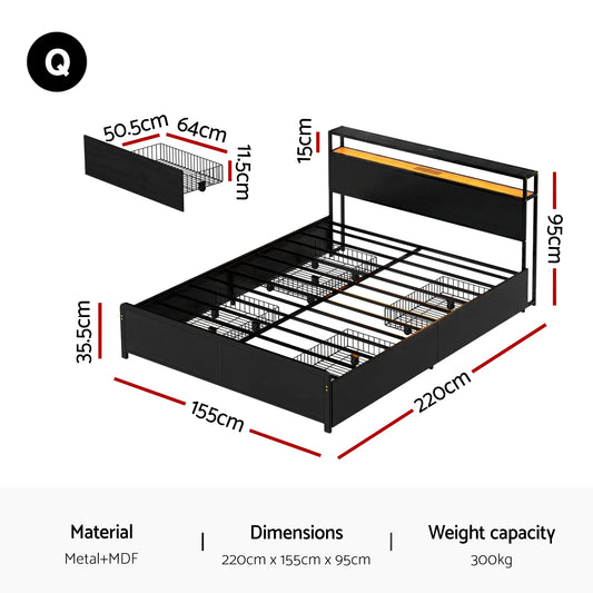 Artiss Metal Bed Frame Queen Size Storage Headboard Charge Station LED 4 Drawers - Image 2