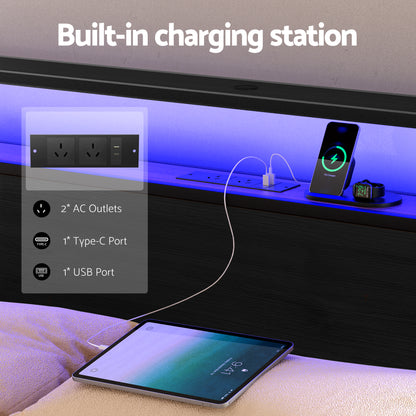 Artiss Metal Bed Frame Queen Size Storage Headboard Charge Station LED 4 Drawers - Image 4