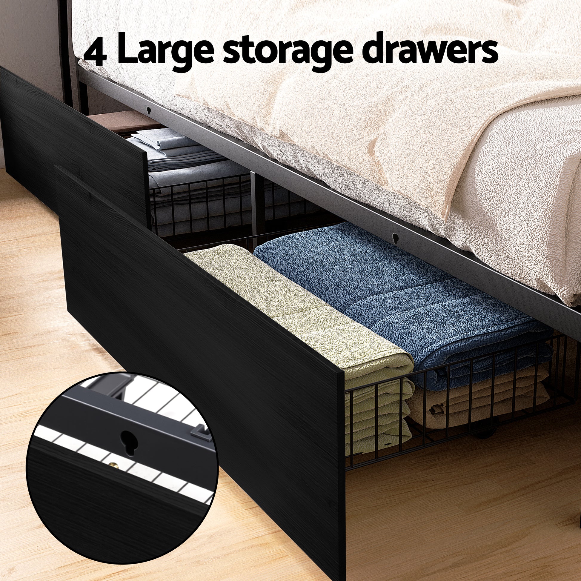 Artiss Metal Bed Frame Queen Size Storage Headboard Charge Station LED 4 Drawers - Image 6
