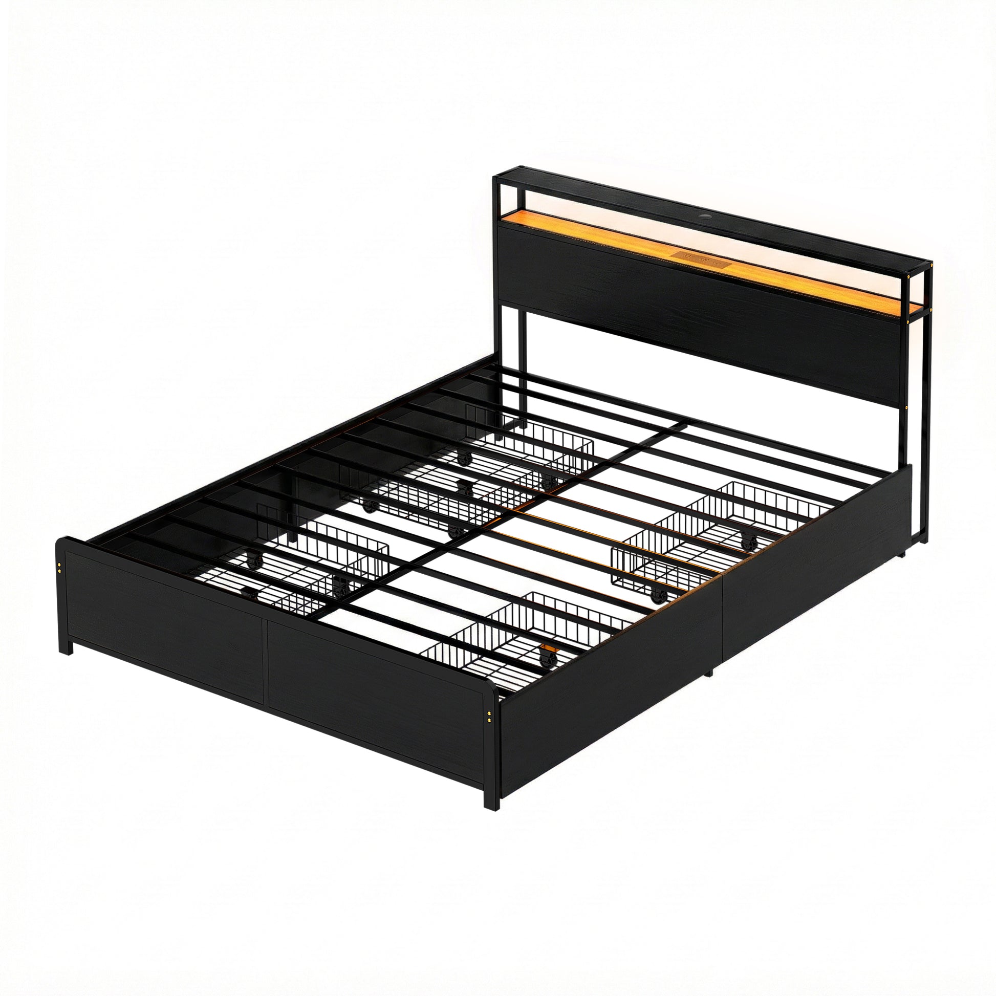 Artiss Metal Bed Frame Queen Size Storage Headboard Charge Station LED 4 Drawers - Image 7