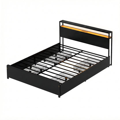 Artiss Metal Bed Frame Queen Size Storage Headboard Charge Station LED 4 Drawers - Image 7