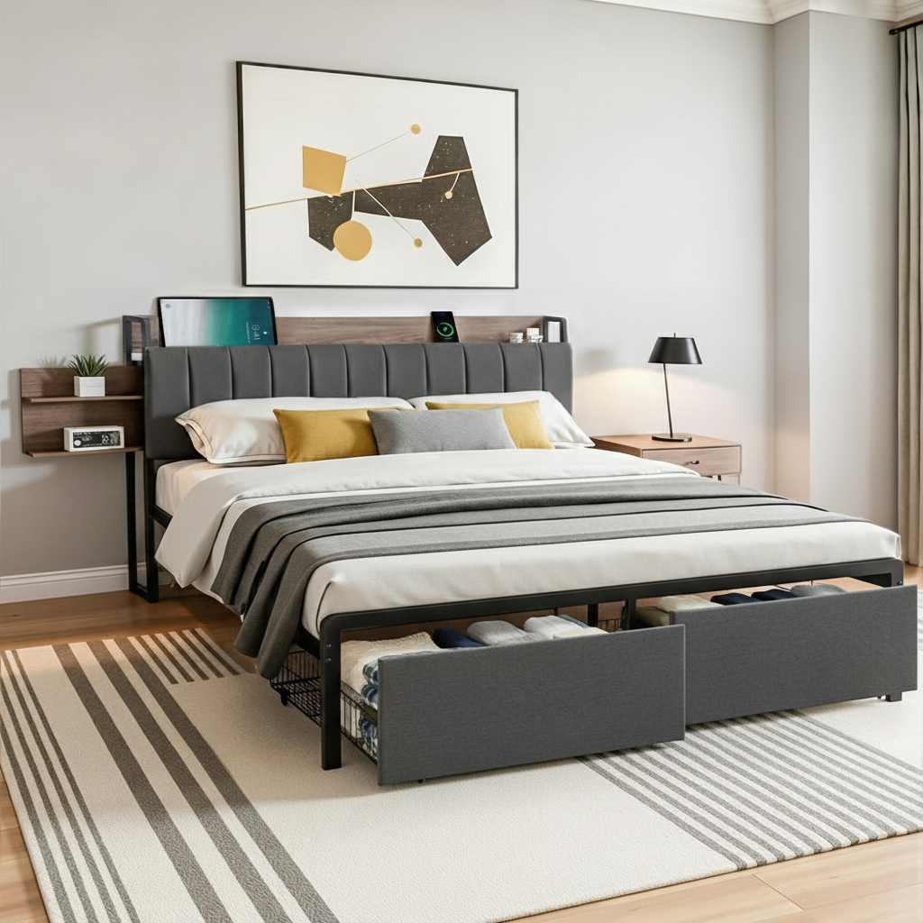 Artiss Metal Bed Frame King Size with 2-Tier Hidden Storage with Charging Station - Image 7