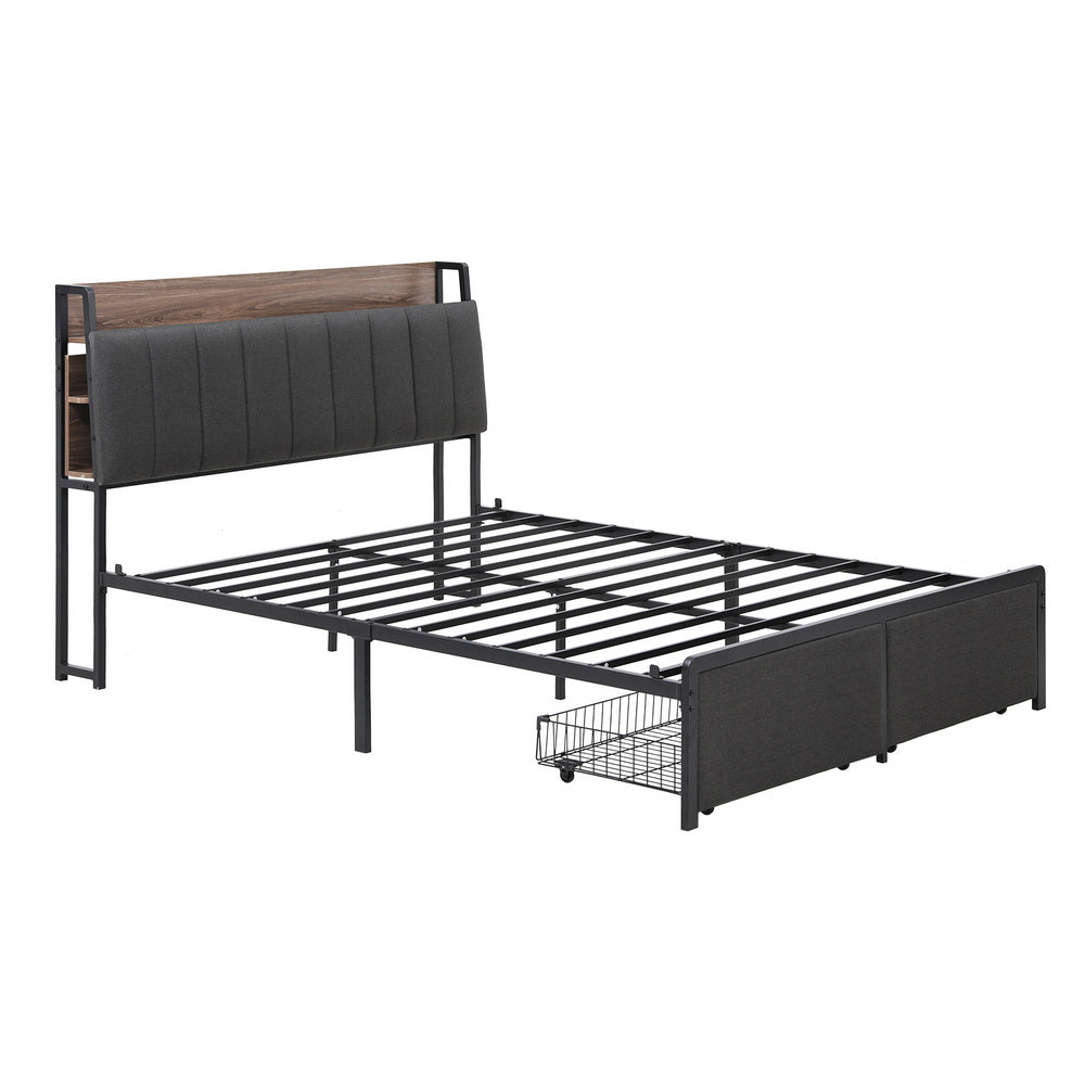 Artiss Metal Bed Frame Queen Size with 2-Tier Hidden Storage with Charging Station - Image 6