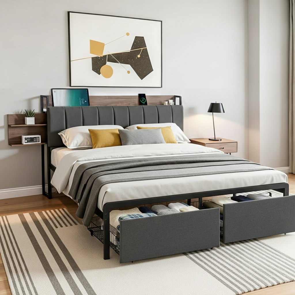 Artiss Metal Bed Frame Queen Size with 2-Tier Hidden Storage with Charging Station - Image 7