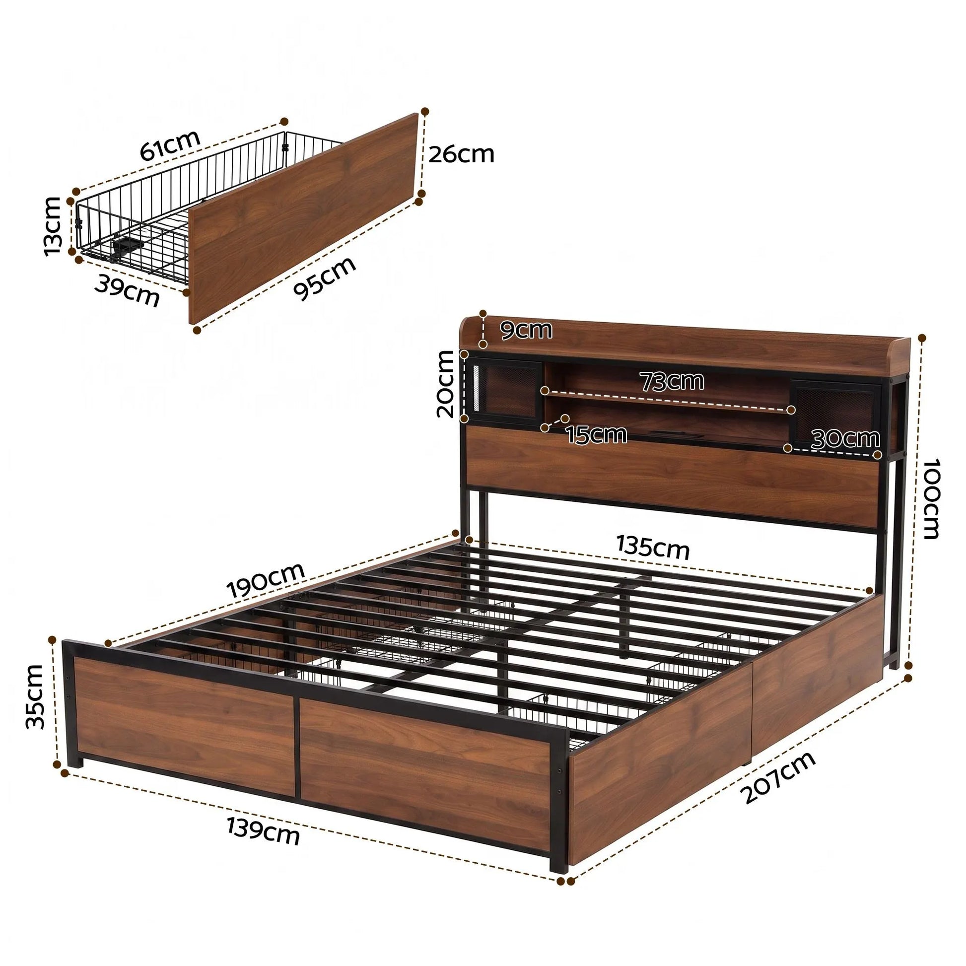 Artiss Double Bed Frame with Charging Station 4 Drawers Storage Oak - Image 2