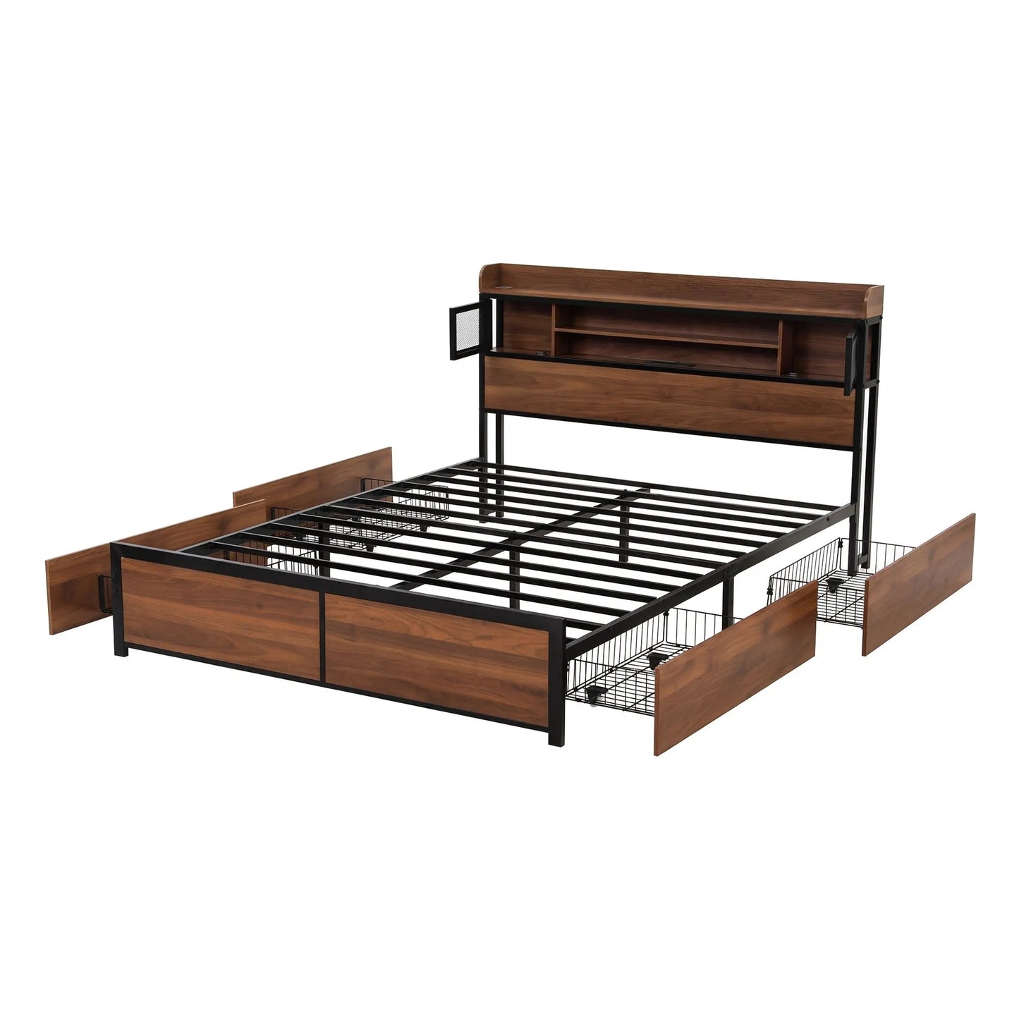 Artiss Double Bed Frame with Charging Station 4 Drawers Storage Oak - Image 3