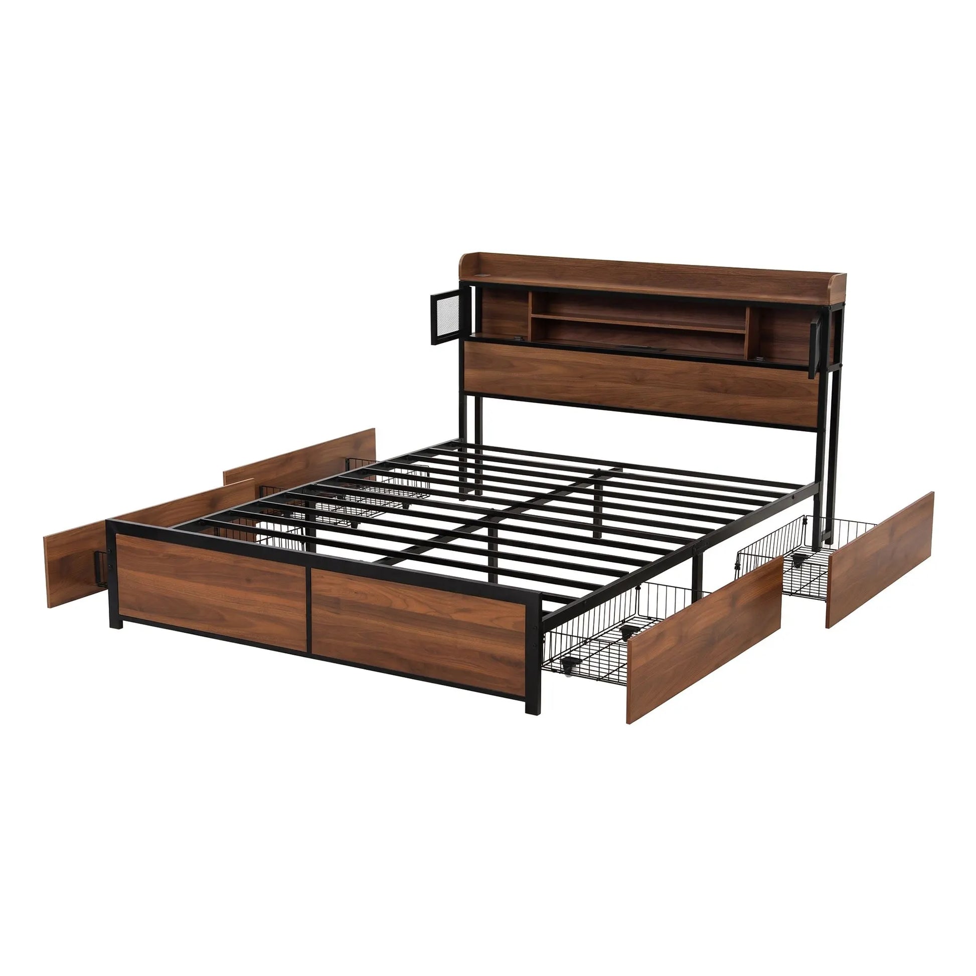 Artiss Double Bed Frame with Charging Station 4 Drawers Storage Oak - Image 3