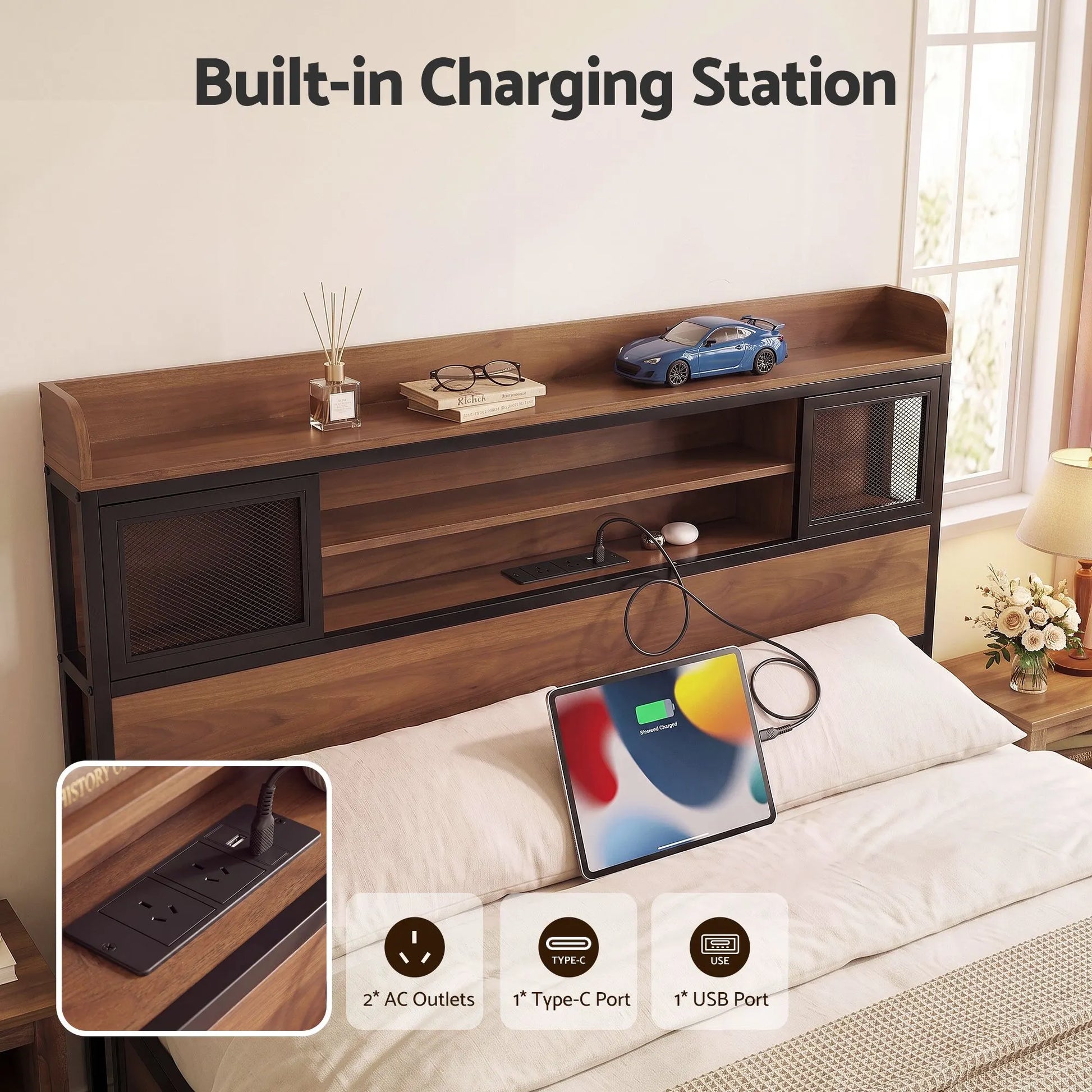 Artiss Double Bed Frame with Charging Station 4 Drawers Storage Oak - Image 4