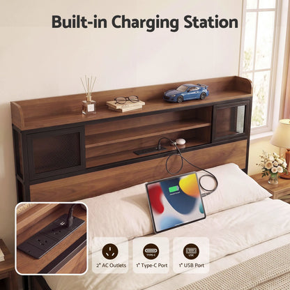 Artiss Double Bed Frame with Charging Station 4 Drawers Storage Oak - Image 4