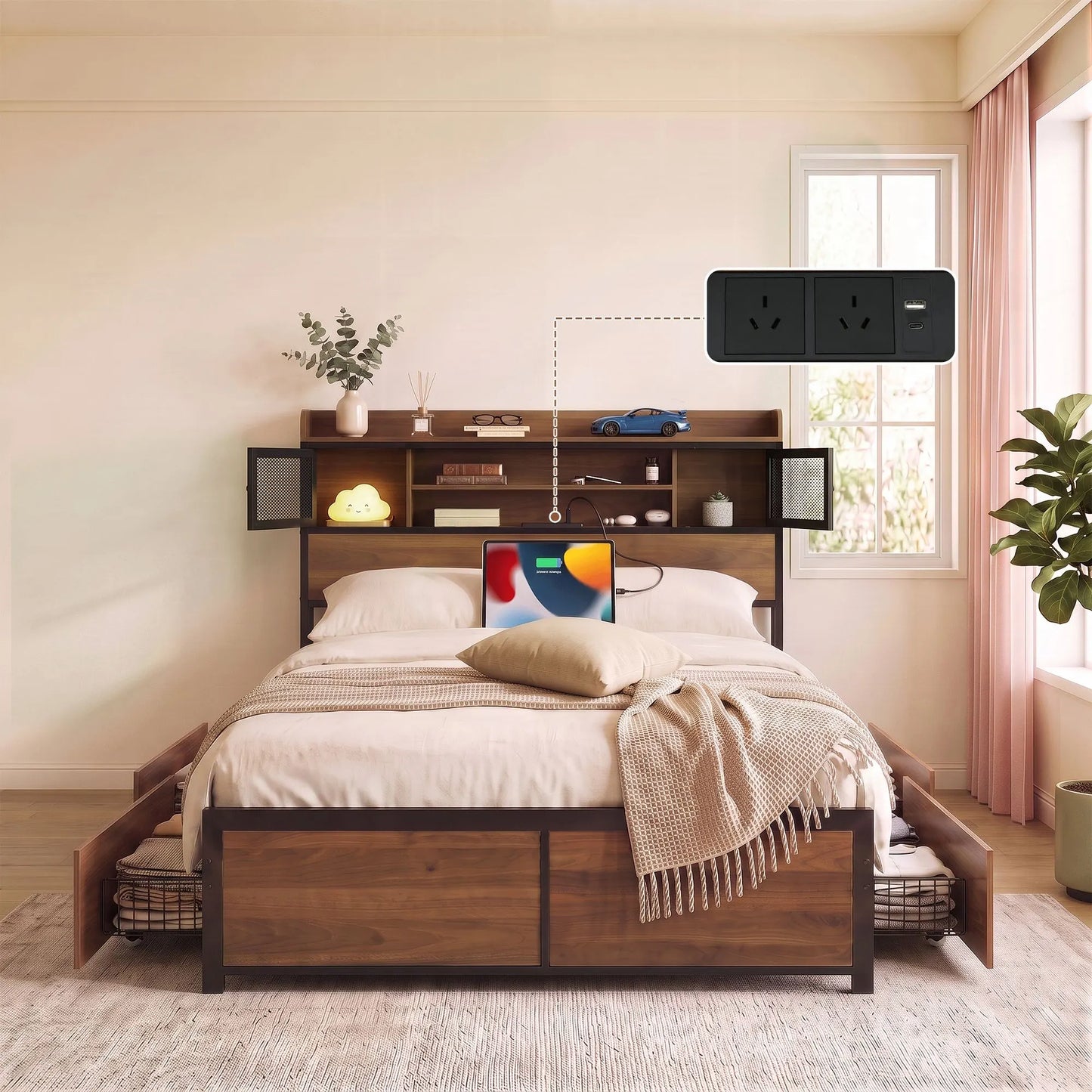 Artiss Double Bed Frame with Charging Station 4 Drawers Storage Oak - Image 8