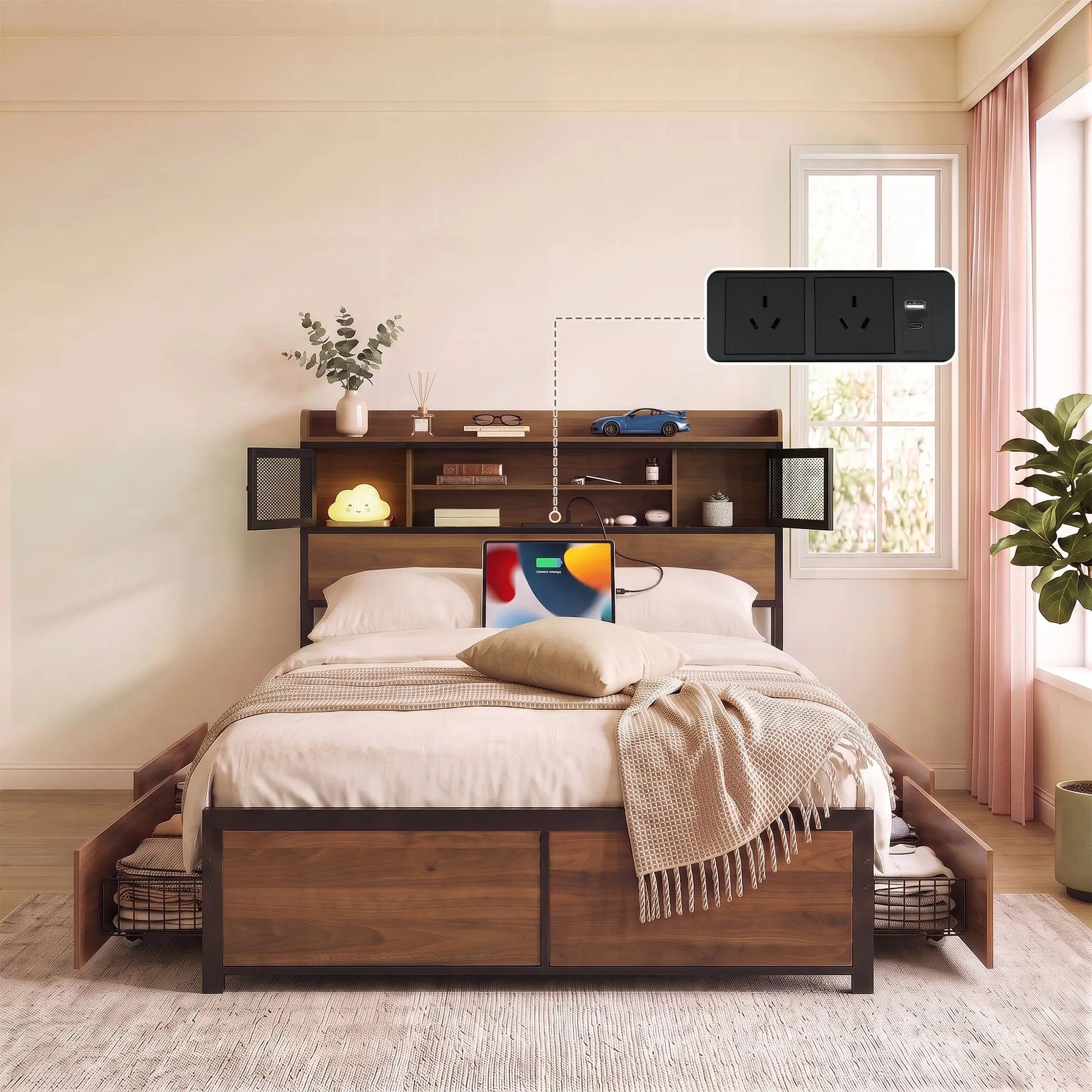 Artiss Double Bed Frame with Charging Station 4 Drawers Storage Oak - Image 8